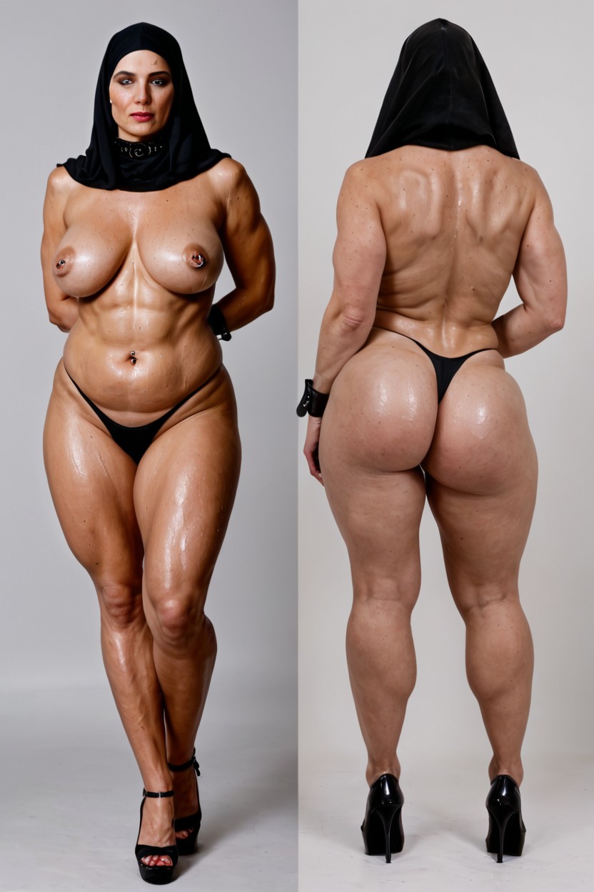 Arms Behind Back, Strong Muscular Legs, Black Hijab MILF AI Porn