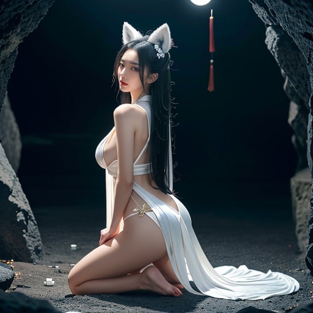Soft Lighting, White Traditional Hanfu Exposed Cleavage, Candles Around Her Asian AI Porn