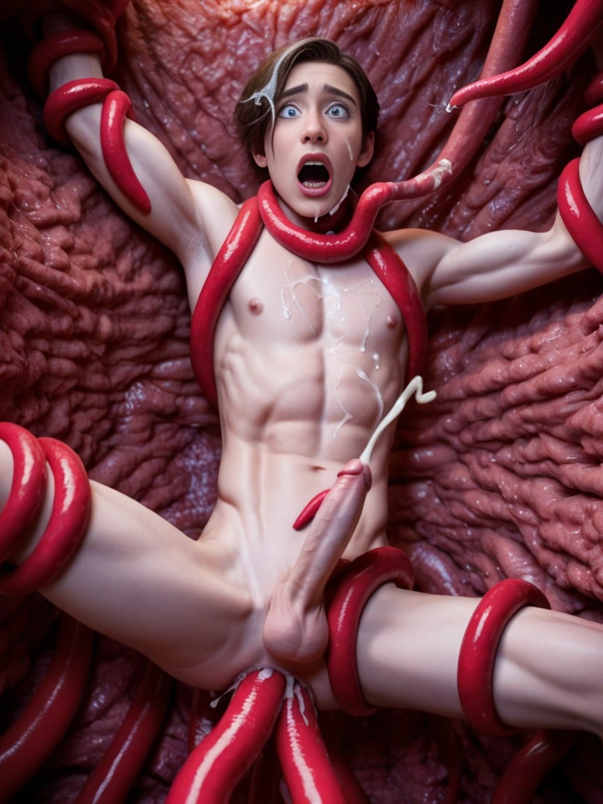 Tentacles Bigger Than Man, Man Looking At Viewer, Man Pinned To The Ground By Tentacles ゲイAIポルノ