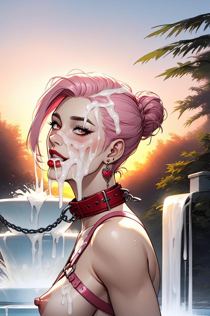 Blush, Leaning Backward Under Public Fountain, Beautiful Face AI Porn