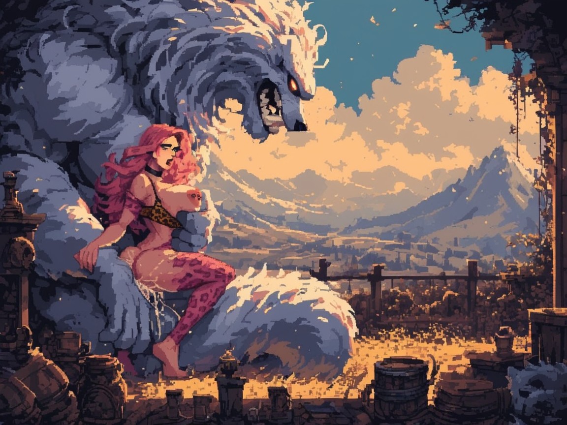 Jumping Breasts, Insanely Huge Furry Horned Yeti, Leopard Print Clothing AI Porn
