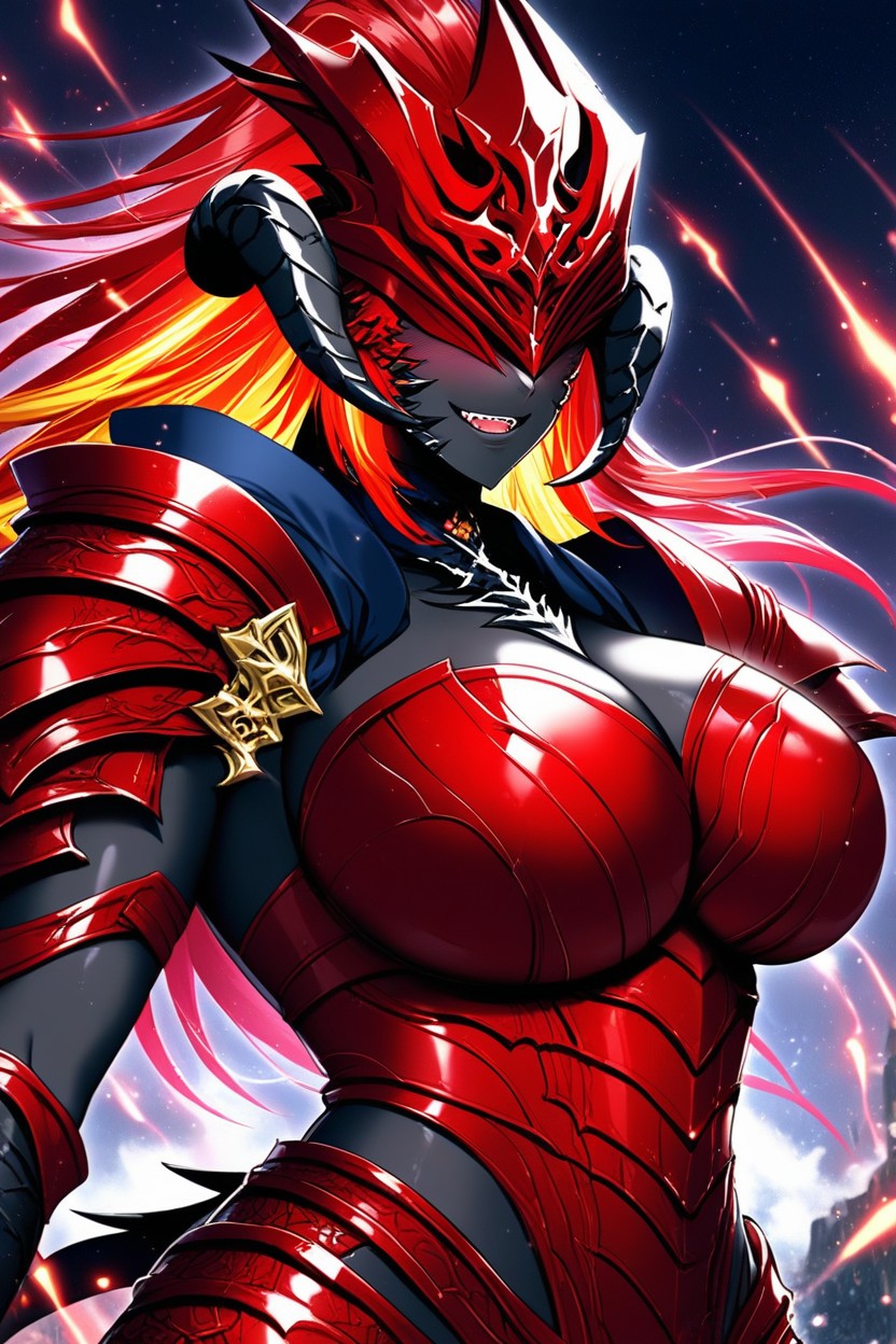 Long Red Scale Tail, Fiery Hair, Armor Furry AI Porn