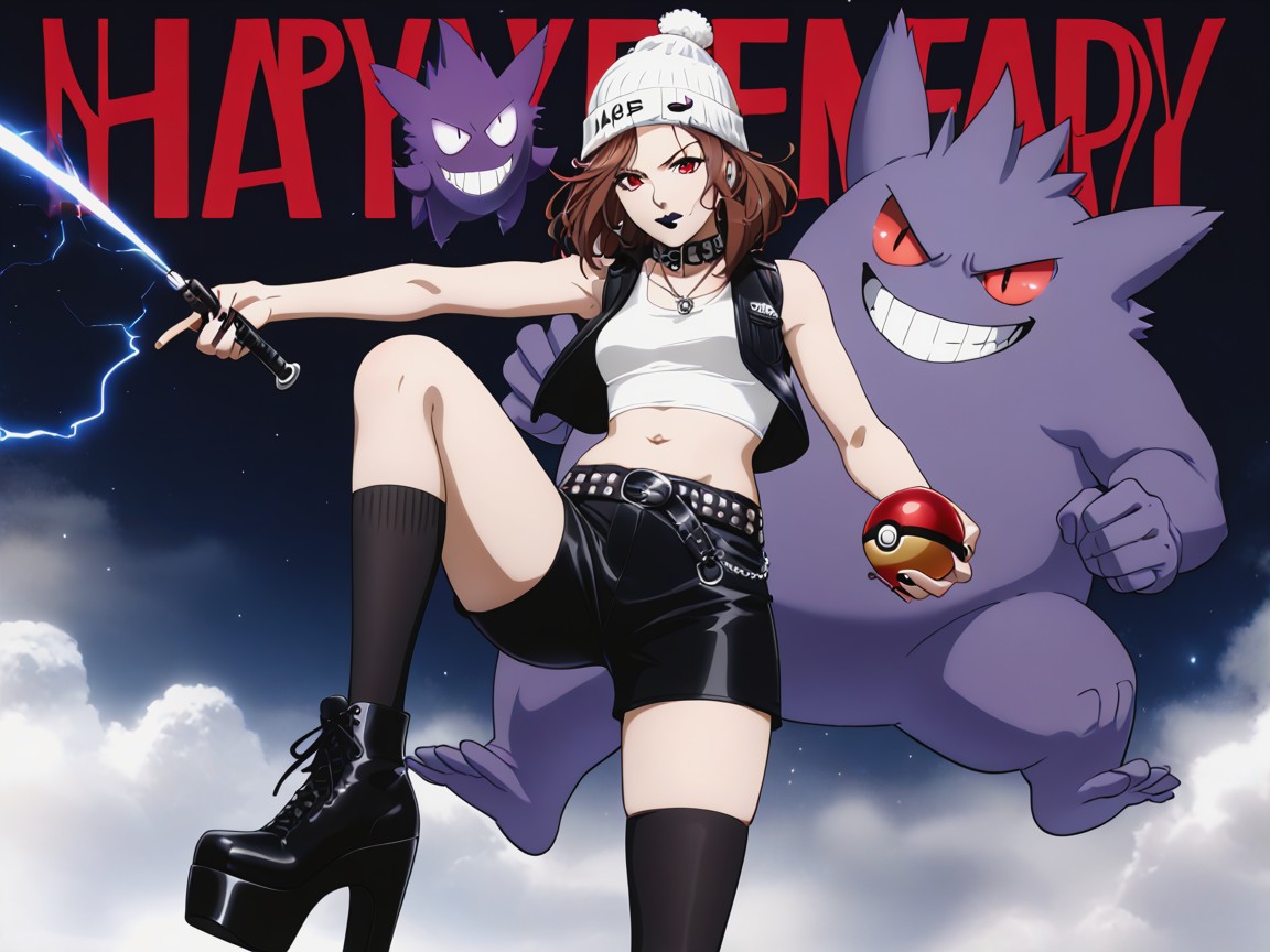 Navel Exposed, Goth Woman, Brown Hair AI Porn