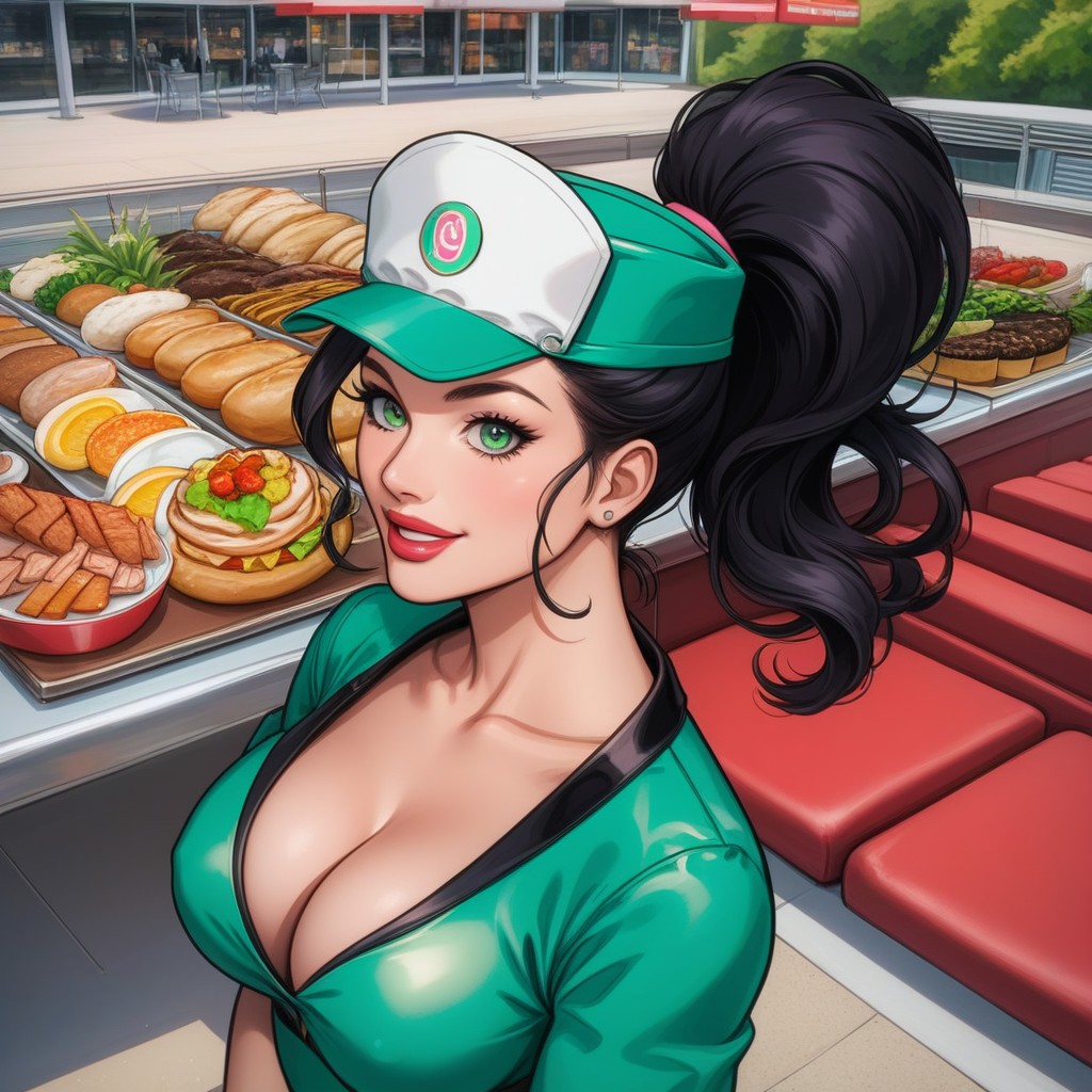 Full Upper Body In Frame, Cleavage, Drive In Cinema Hentai AI Porn