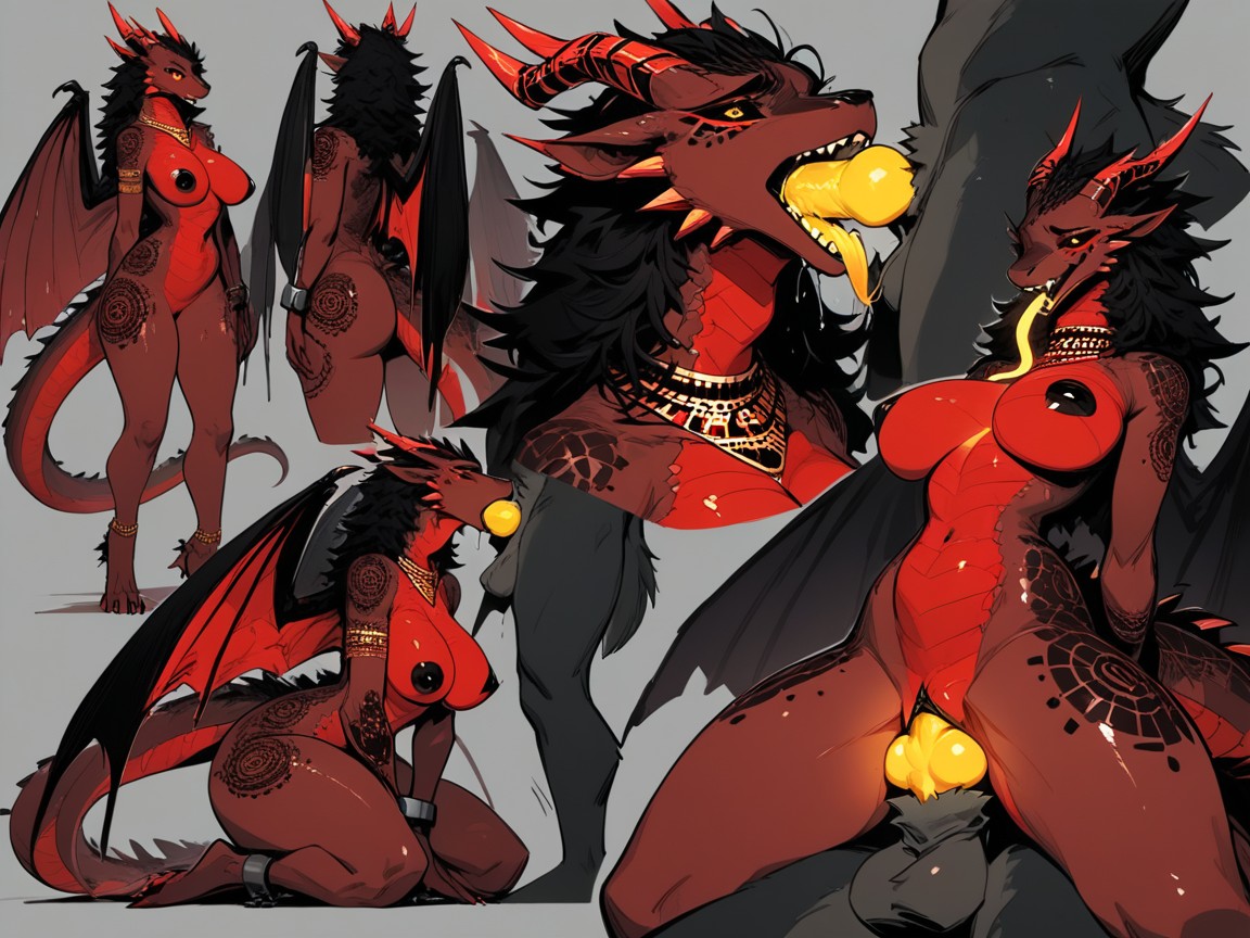 Sucking Red Knotted Cock, Big Yellow Eyes, Broad Snout Furry AI Porn
