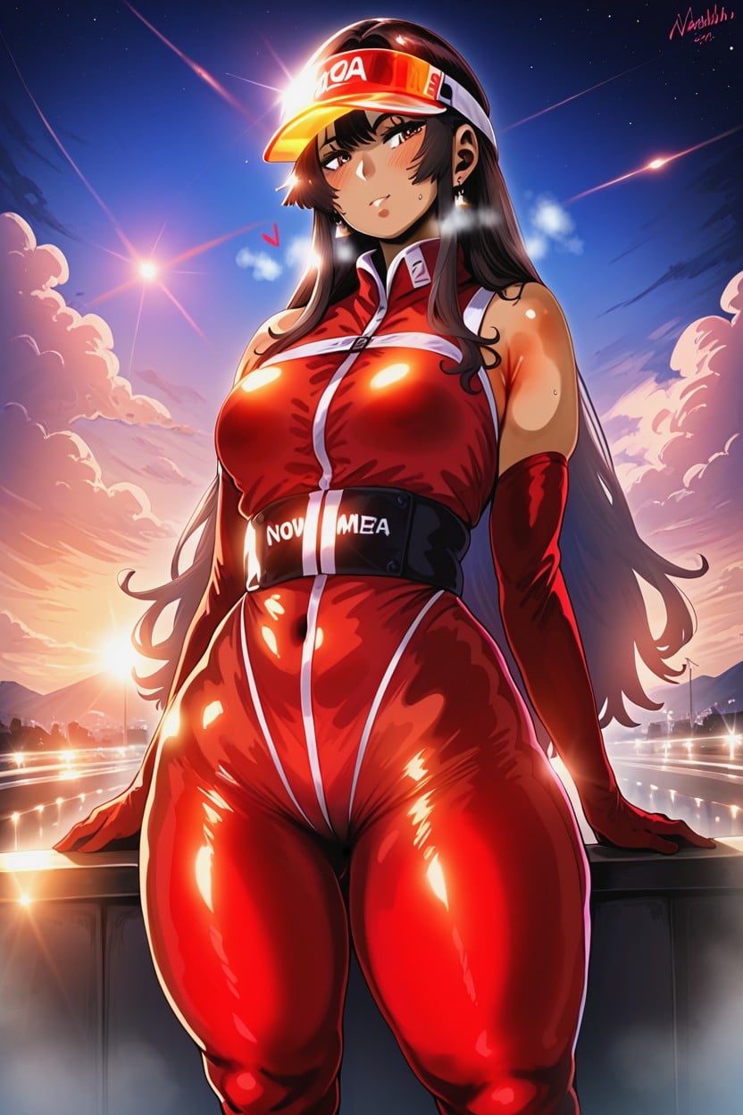 Wearing A Red Racing Suit With White Line, Bokeh, Gocart In Distance Porno IA Hentai