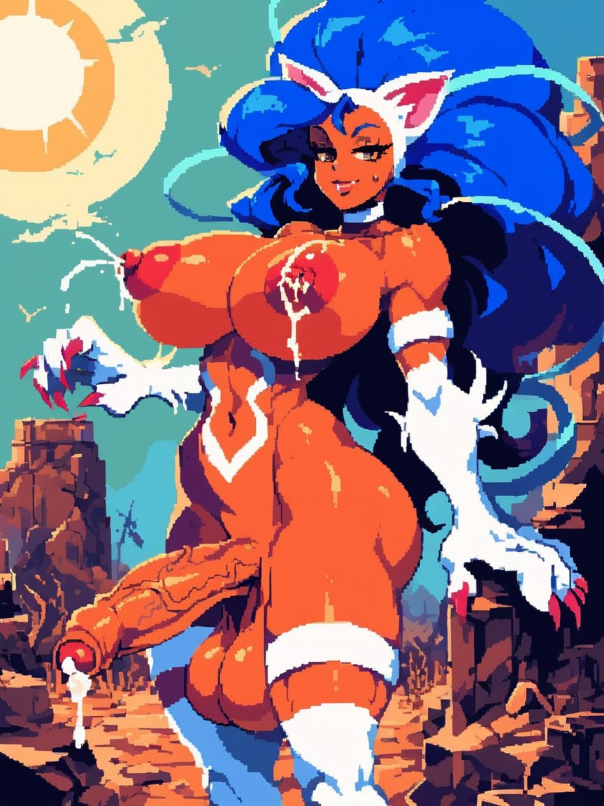 Sweaty Body, Dark Brown Skin, Langer Schwanz Hentai KI Porno
