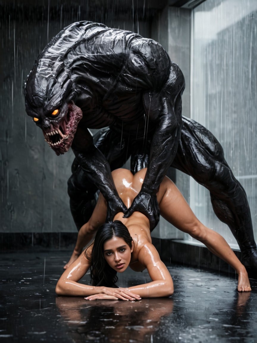 Waist Shot, Sad, Huge Monster Standing Behind Woman Grabbing Arms AI Porn