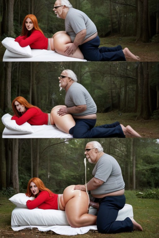 Onesie Suit, Old Fat Zombie Monster Is Behind White Ladyboy In Spooning Position, Disgusted AI Gay Porn
