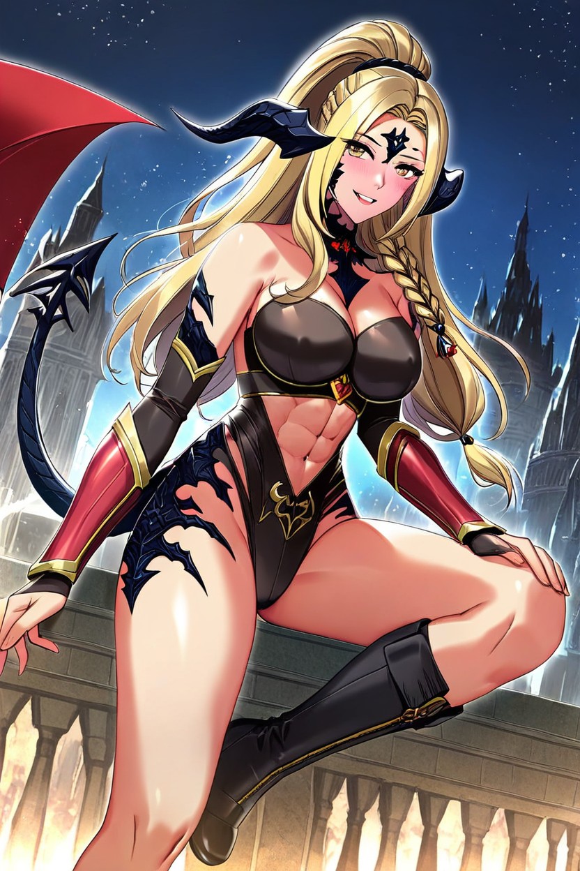 Long Red Scarf Around Neck, Black Pauldrons With Gold Engravings, Modelando Hentai IA