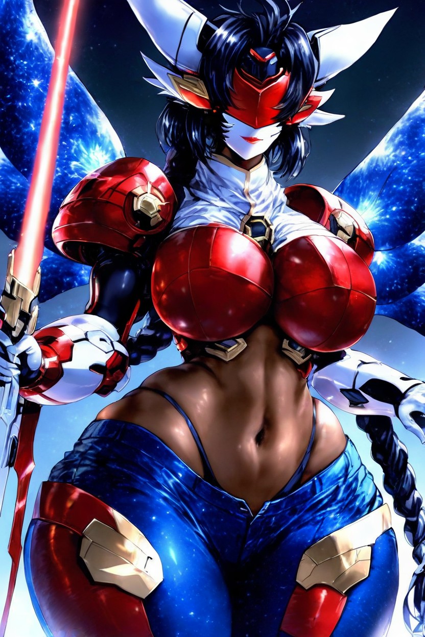 Hyper Gigantic Breasts, Holding Laser Sword In Left Hand, Navel Cuthole AI Porn