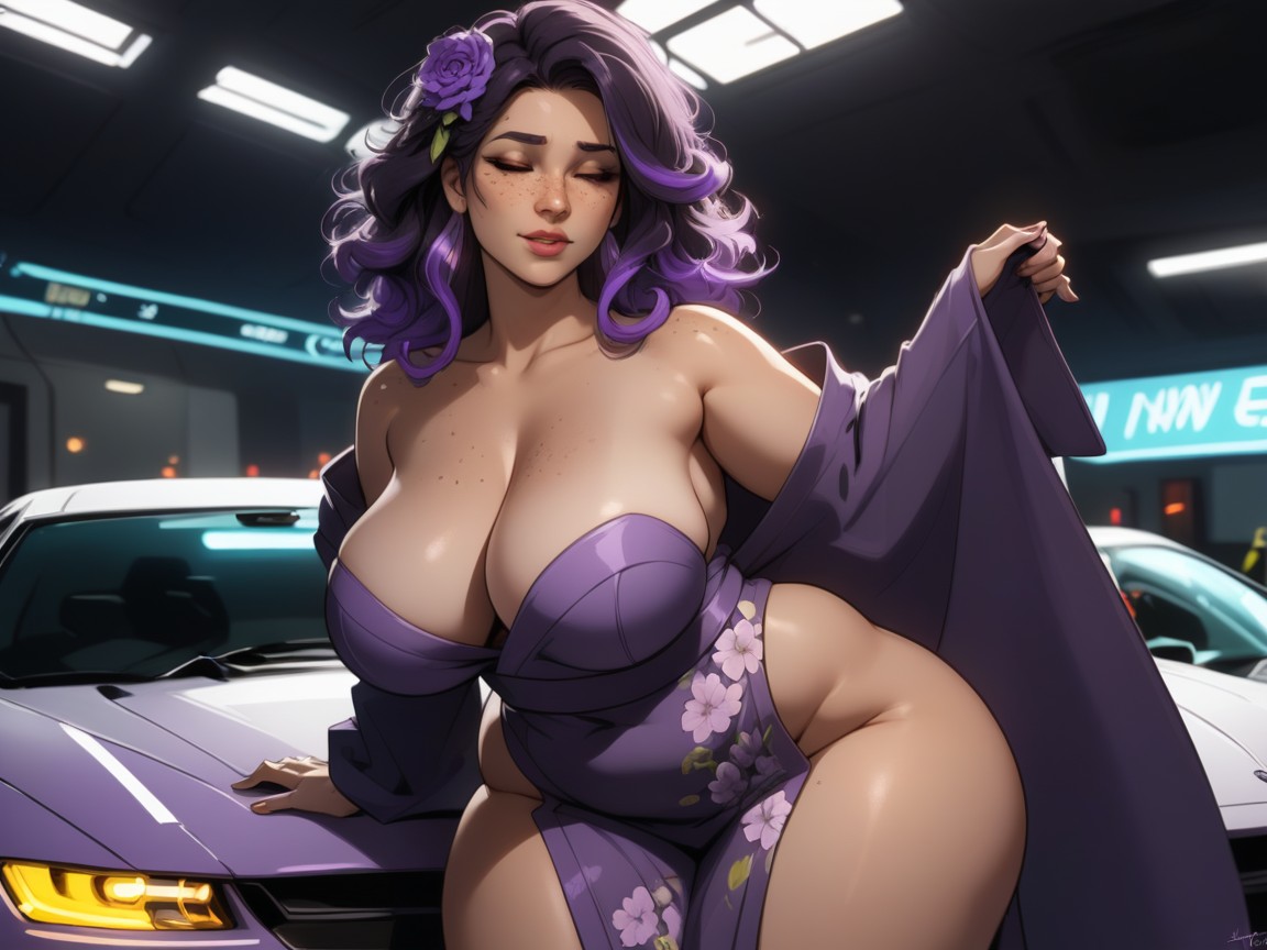 Purple Highlights, Purple Floral Print Racing Robe, Black Permed Hair Latina AI Porn