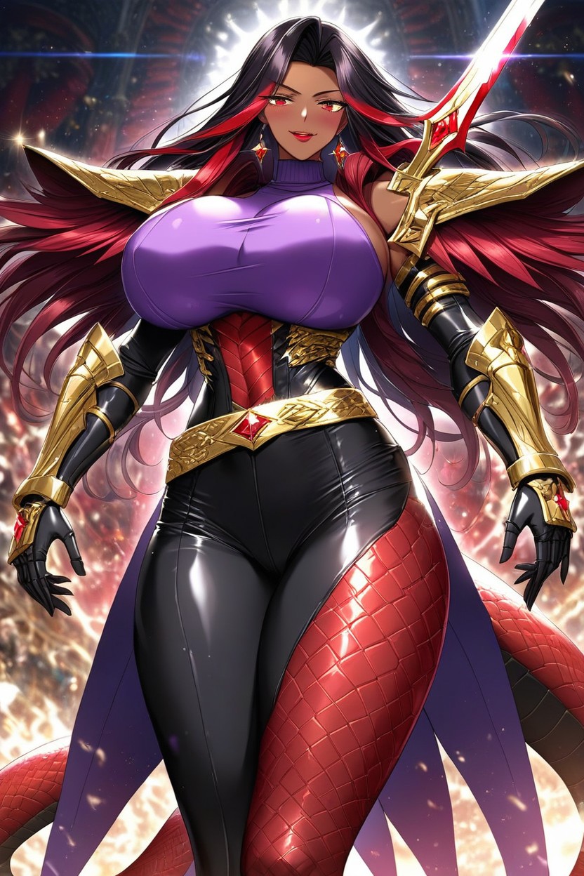Colossal Breast, Holding Red Sword Knife In Right Hand, Front View AI Porn