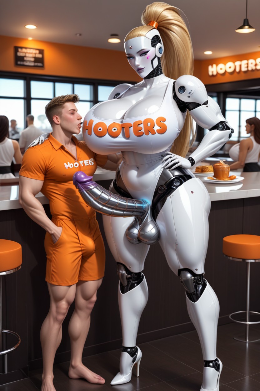 Kneeling Human Male Sucks Penis Of Futanari Robot Waitress, Blonde Hair, Kneeling Human Male Sucks Penis Of Robot Waitress Shemale AI Porn