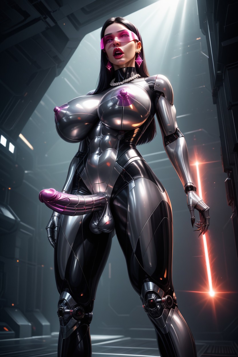 Sharp Long Fingernails, Diamond Earrings, Clit Replaced By Huge Erect Smooth Shiny Metallic Penis With Metallic Tip AI Porn