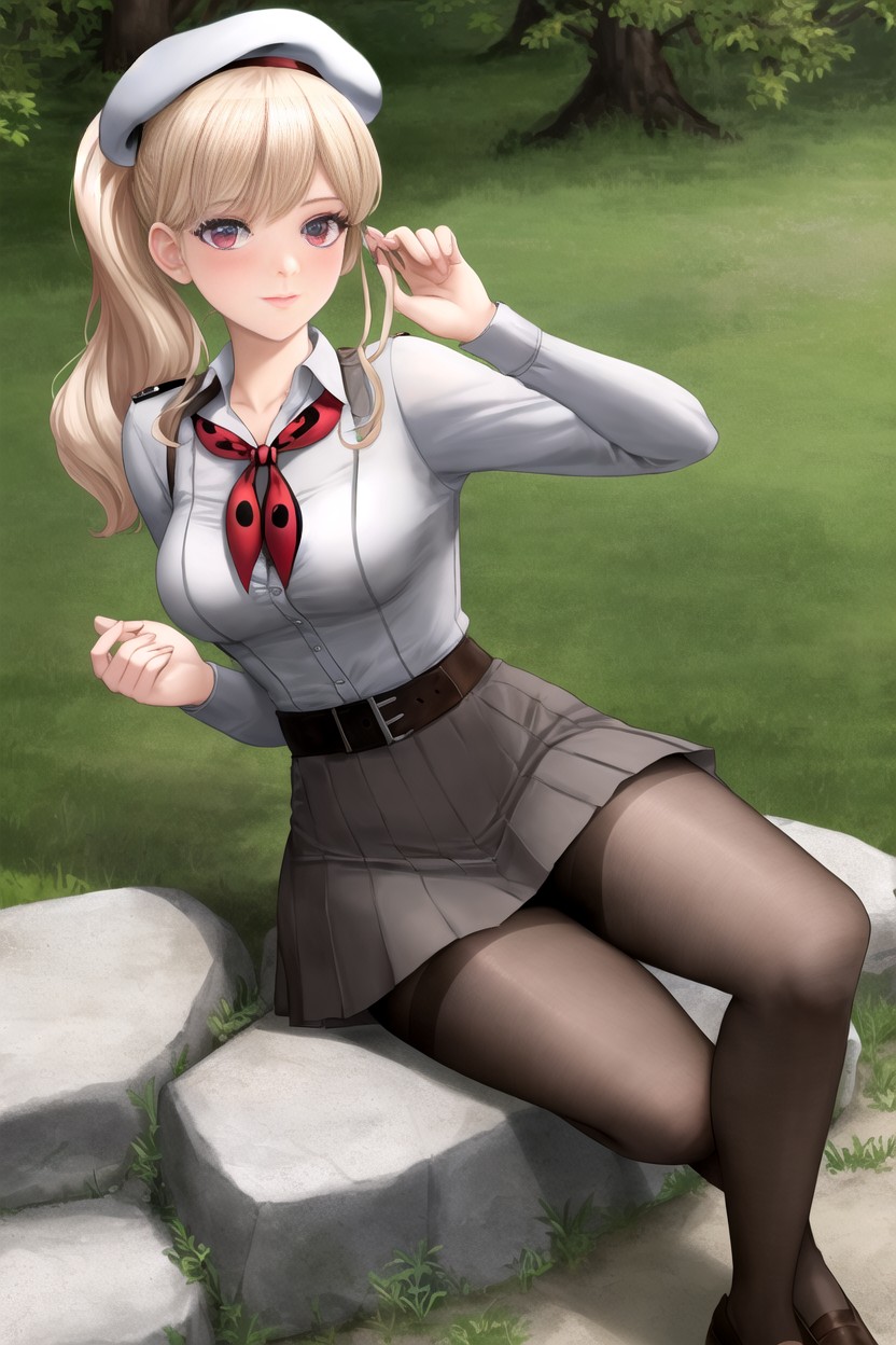 Light Gray Beret, Flowers, Full Body AI Porn