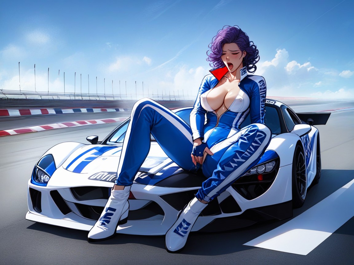 Very Short Hair, Woman Sits On Race Car Hood, Similar Race Cars In Background AI Porn