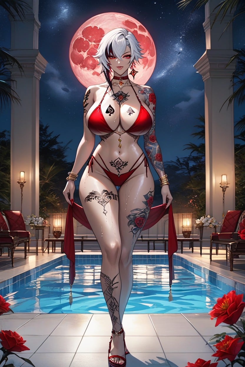 Red Star Earrings, Red Chain, Barcode Tattoo Hentai IA