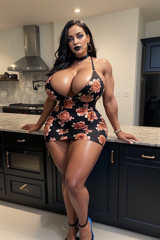 Oversized Steroid Biceps, Bright Blue Eyes, Red Floral Printed Dress AI Porn