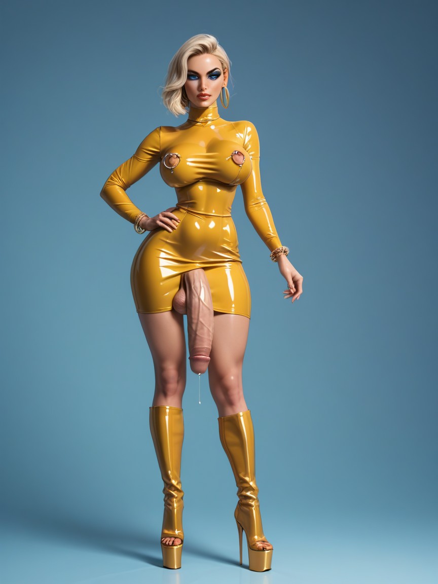 Golden Cock Ring, Futanari, Gold Hoop Earrings Shemale AI Porn