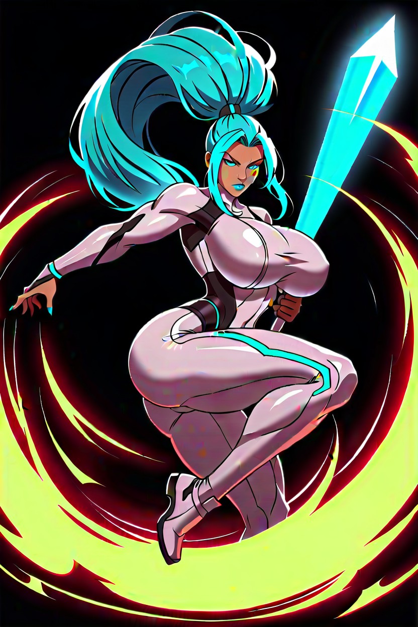 Neon Aqua Eyes, Neon Aqua Hair, Battling Demons AI Porn