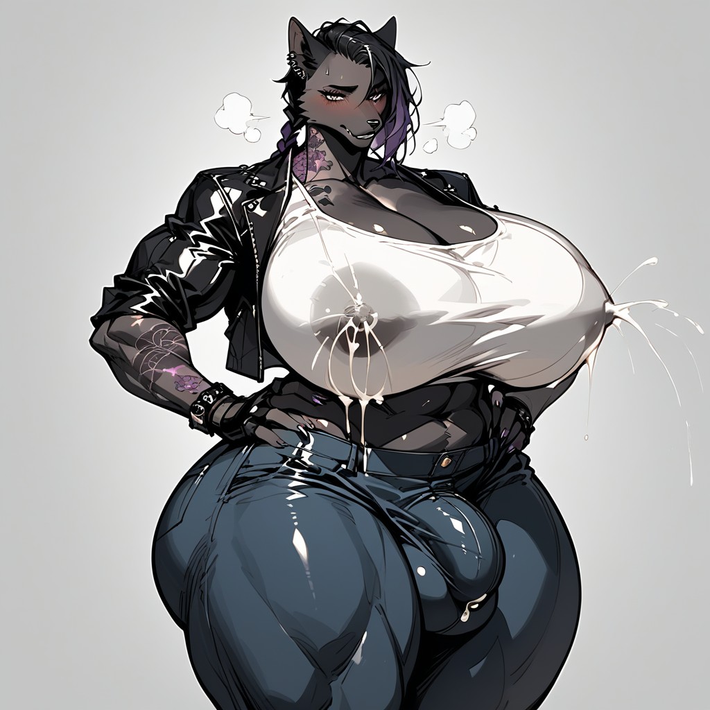 Blushing, Punk Earrings, Purple Tattoos Furry AI Porn