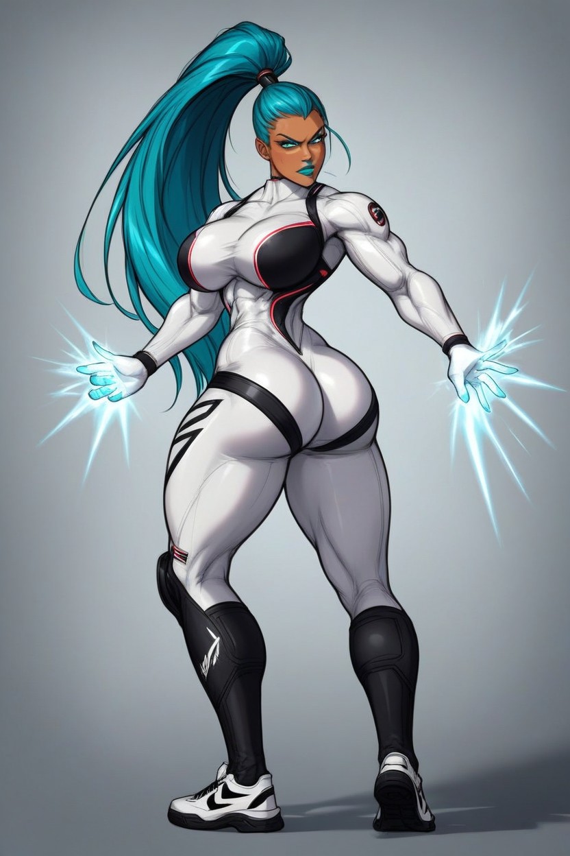 Angry, White Bodysuit With Black Accents, Tan Skin AI Porn