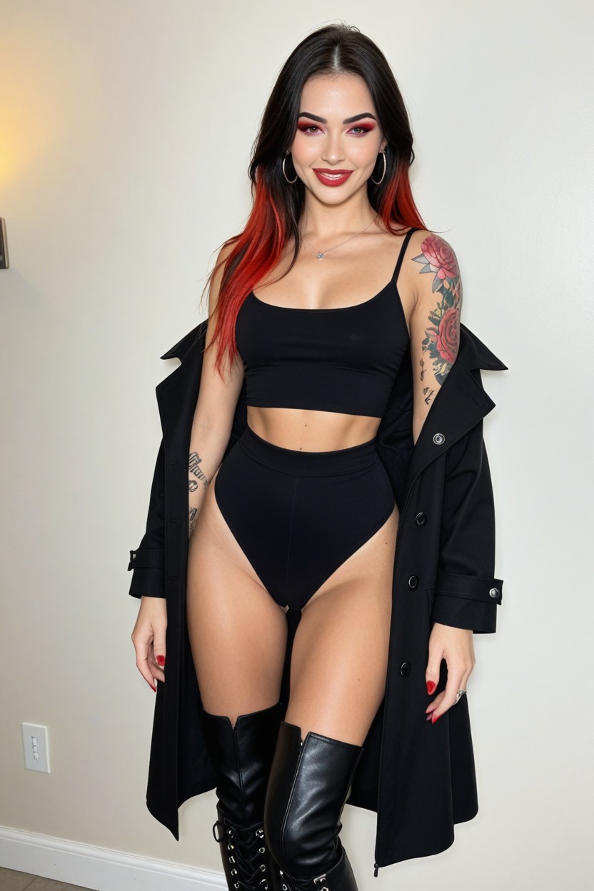 Front View, Black Trench Coat, Pierced Clitoris AI Porn