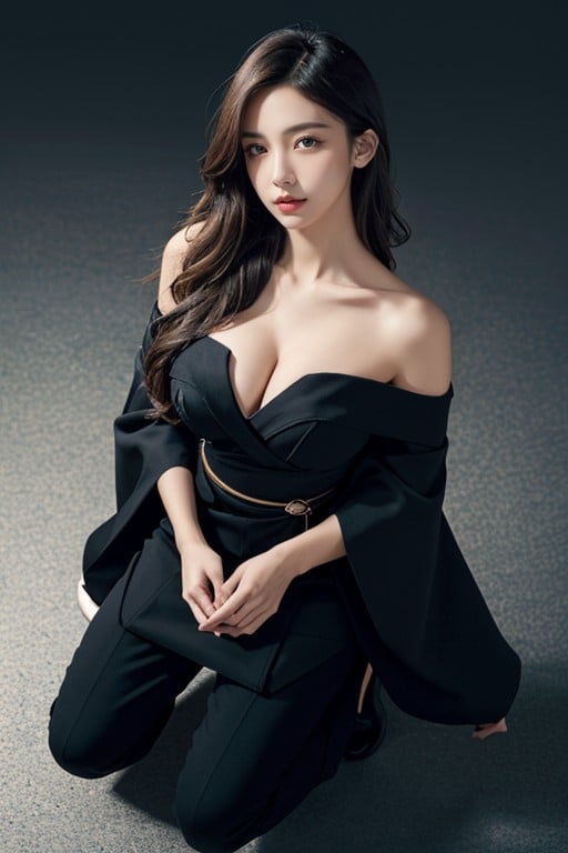Kneeling, Large Breast, The Cleavage Asian AI Porn