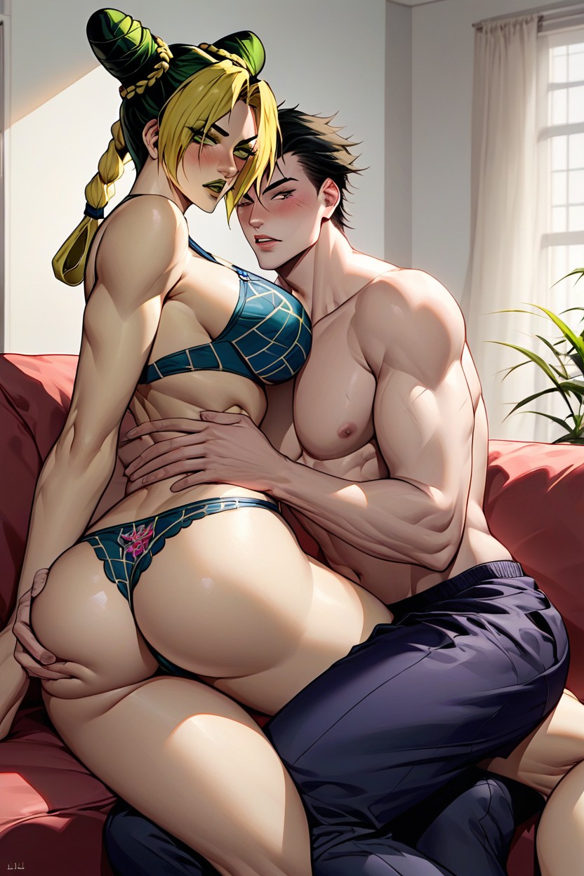 Groping Ass, Man And Jolyne Cuddling Whike Sitting On Sofa, Lingerie Hentai AI Porn