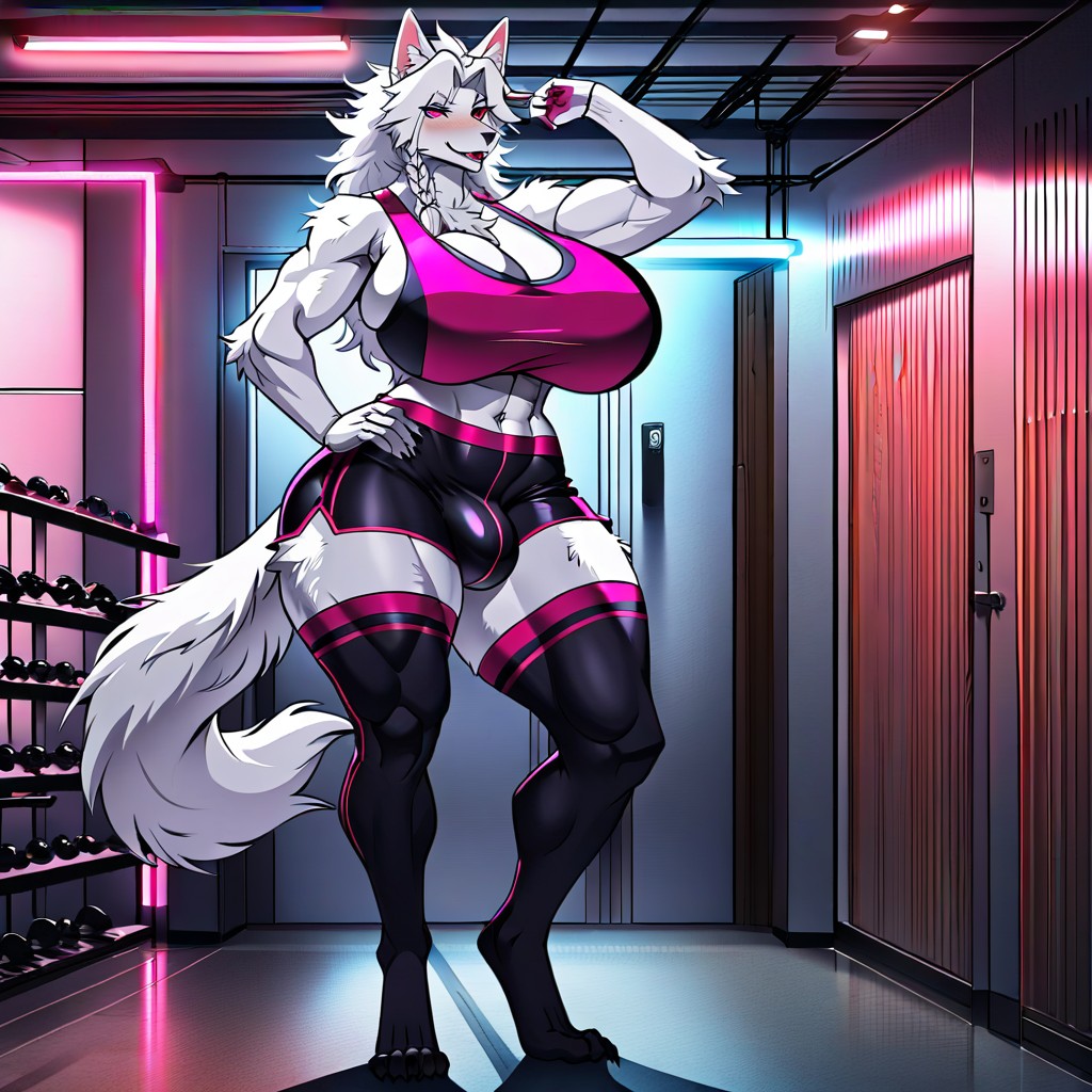 Leaning On A Wall, Messy Neck Fur Scruff, Gym Setting Furry AI Porn