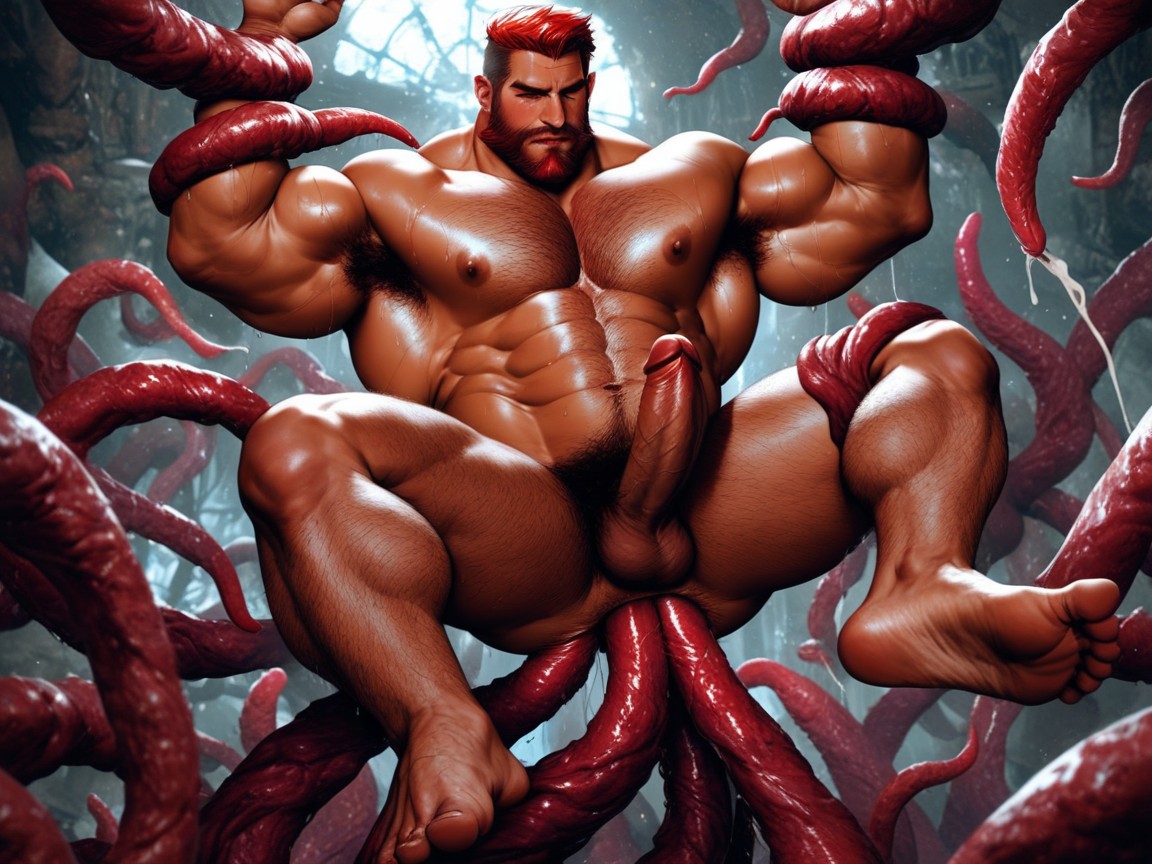 Red Haired Lumberjack, Full Body, Tentacles Restrained Arms AI Gay Porn