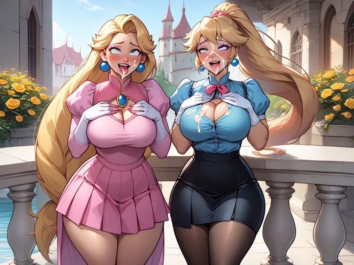 Fully Clothed, Very Pronounced Neckline, Hands On Breasts AI Porn