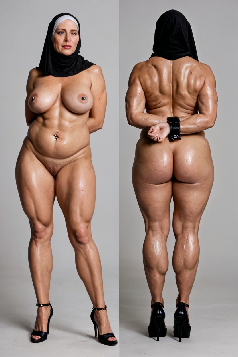 Strong Muscular Legs, Leather Wrist Cuffs, Arms Behind Back MILF AI Porn
