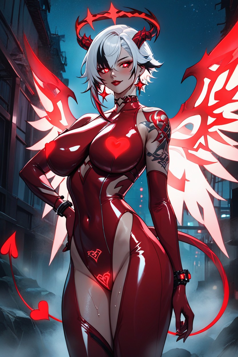 Heart Shaped Pupils, Neon Lighting, Red Latex Suit Hentai AI Porn