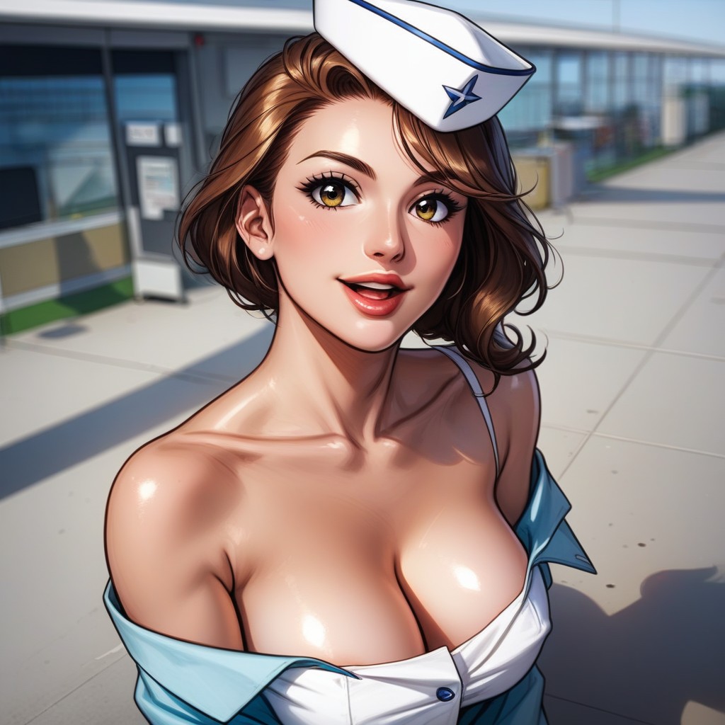 Front View, Air Hostess Hat, Cass Hamada Character Is An Air Hostess Hentai AI Porn