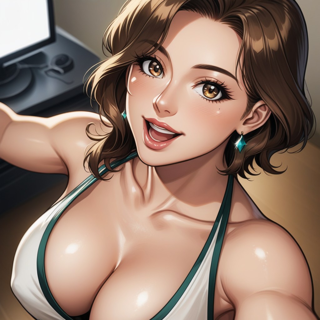 Cleavage, Subtle Nipple Contours, Blurred Background Hentai AI Porn