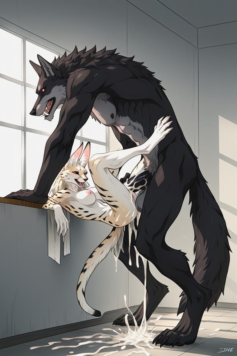 Massive Claws, Standing, Fucking A Female Albino Serval 퍼리 AI 포르노