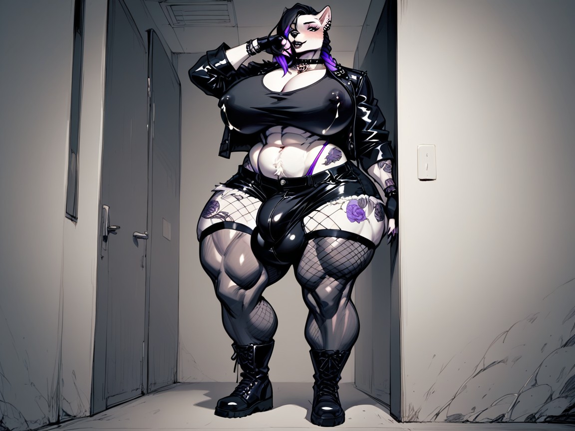 Purple Tattoos, Black Tight Skull Crop Top, Purple Thong Furry AI Porn