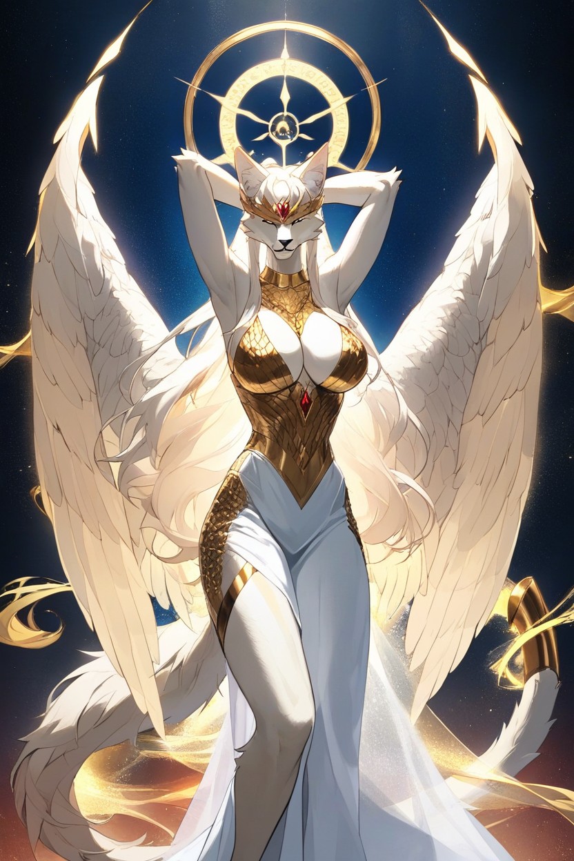 The Winds Flow Around Her, Glorious Cat Goddess, Glowing Aura Furry AI Porn
