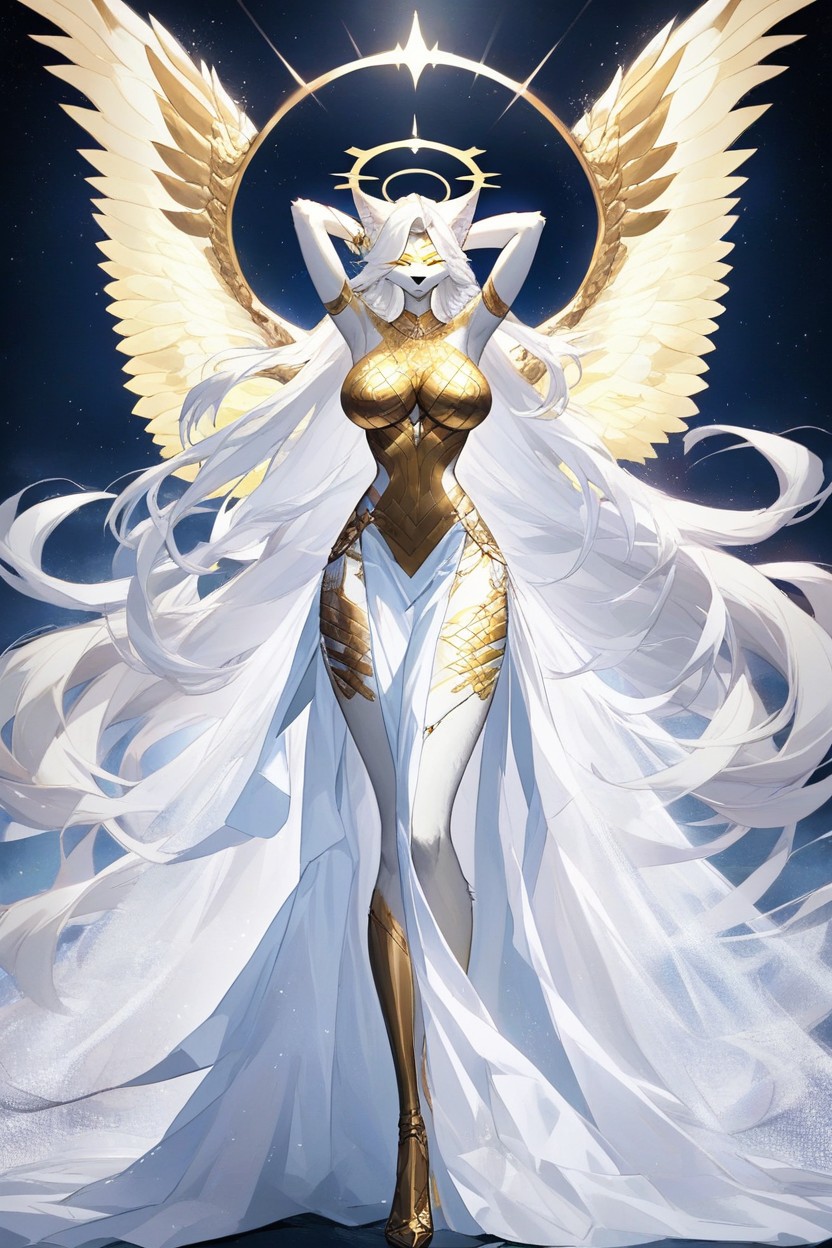 Magnificent, Cat Goddess Has Her Eyes Covered By Golden Fabric Silk Bands, Brilliant Furry AI Porn