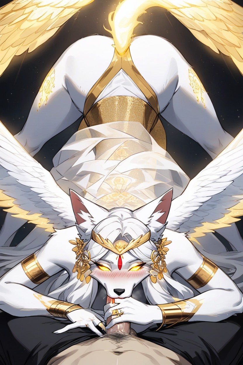 Grinning, We See Her Whole Body, Six Glorious Majestic Iridescent White And Wings With Gold Tips Furry AI Porn