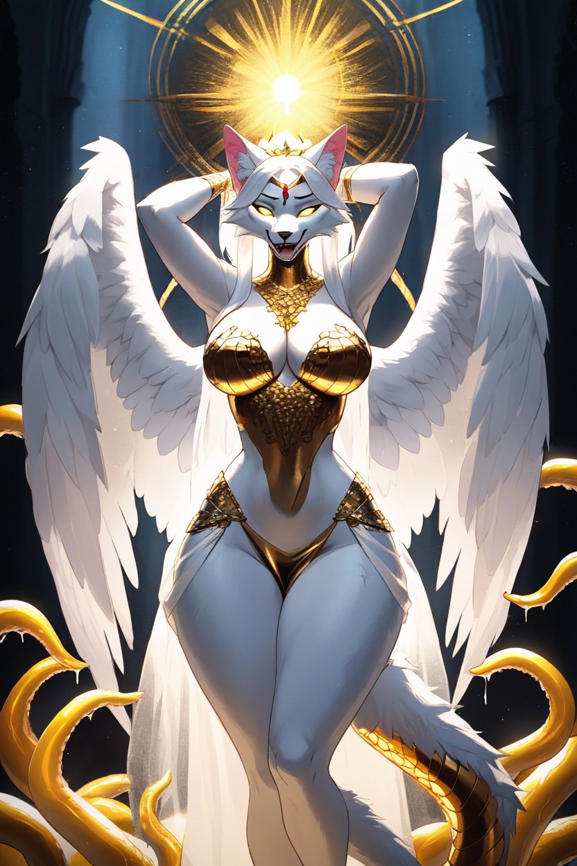 Glorious Cat Goddess, She Is In A Heavenly Euphoric Place That Makes The Veiwer At Ease, Biblically Accurate Angelic Wings Furry AI Porn