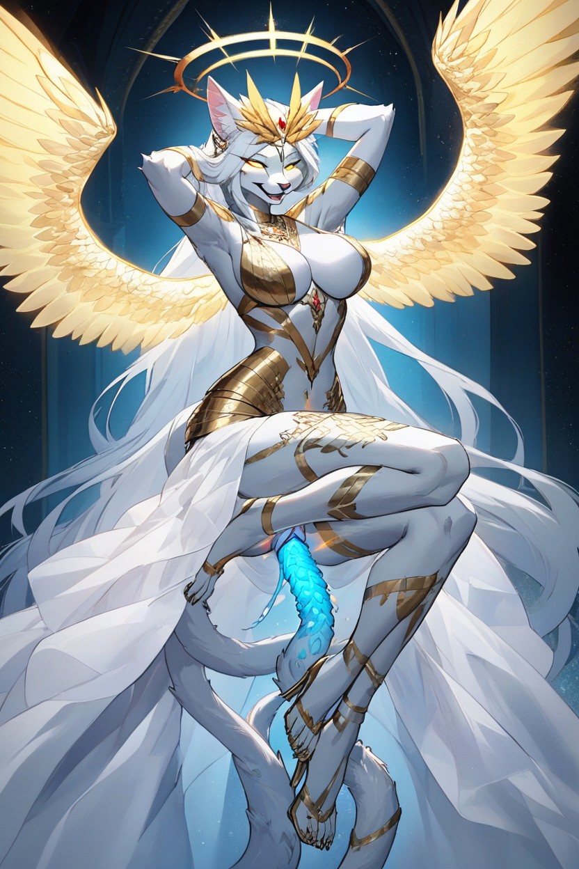 Ethereal, Seraphim, Flowing White Iridescent Translucent Sparkling Dress With Golden Glowing Details Furry AI Porn