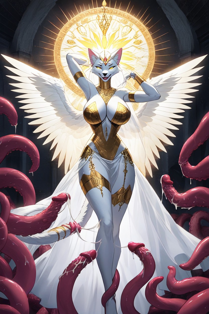 Soft Glowing Tentacles, We See Her Whole Body, She Is In A Heavenly Euphoric Place That Makes The Veiwer At Ease Furry AI Porn