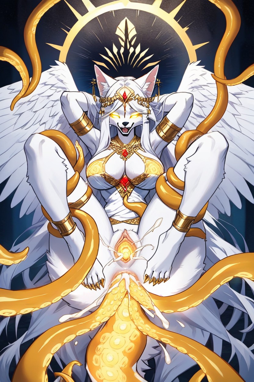 She Is In A Heavenly Euphoric Place That Makes The Veiwer At Ease, Seraphim, Gold Jewelry On Tentacles Furry AI Porn