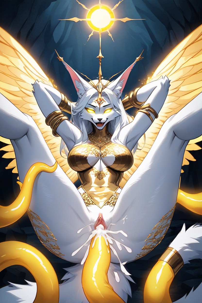 White And Gold Dress, 30+, She Is In A Heavenly Euphoric Place That Makes The Veiwer At Ease Furry AI Porn