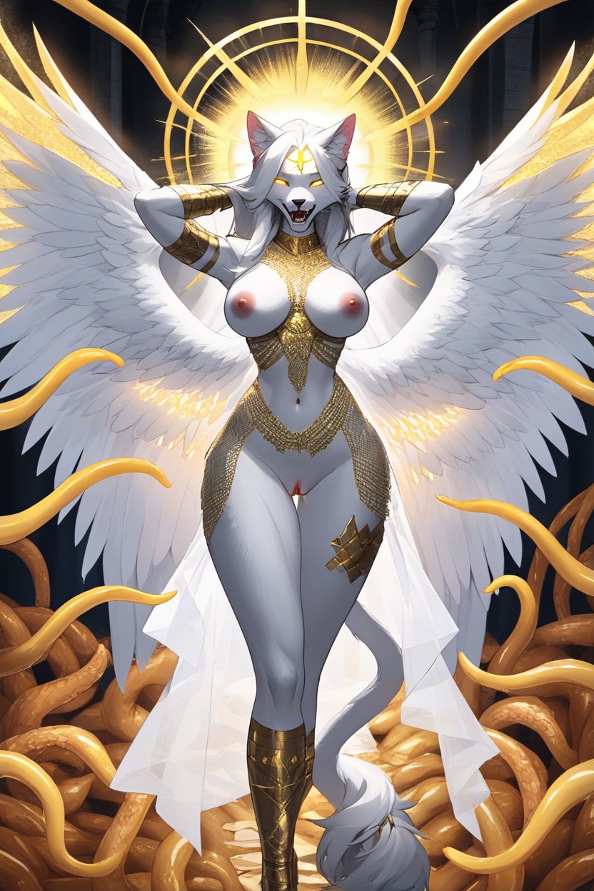 Gold Jewelry On Tentacles, Glowing Black And Gold Tentacles, White Fur Furry AI Porn