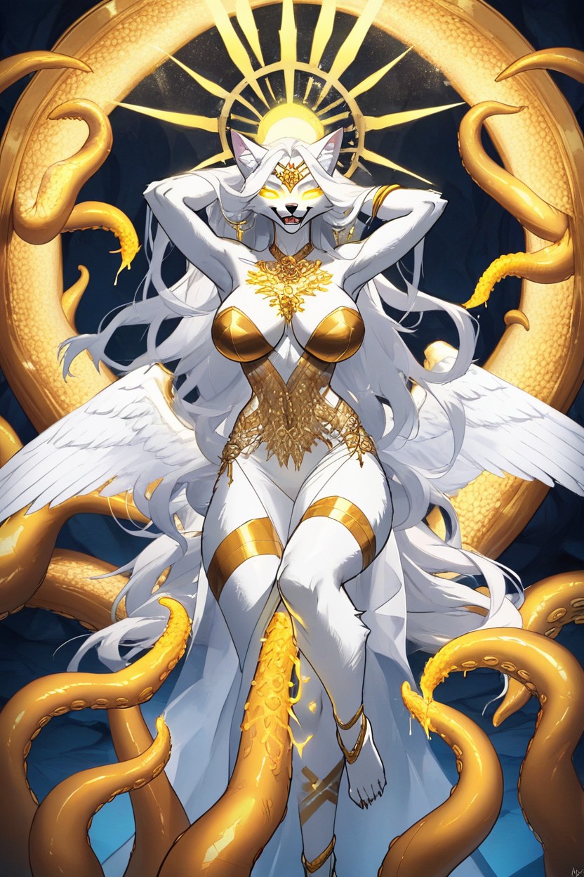 Gold Jewelry On Tentacles, Saturn Style Crown, Cat Goddess Has Her Eyes Covered By Golden Fabric Silk Bands Furry AI Porn