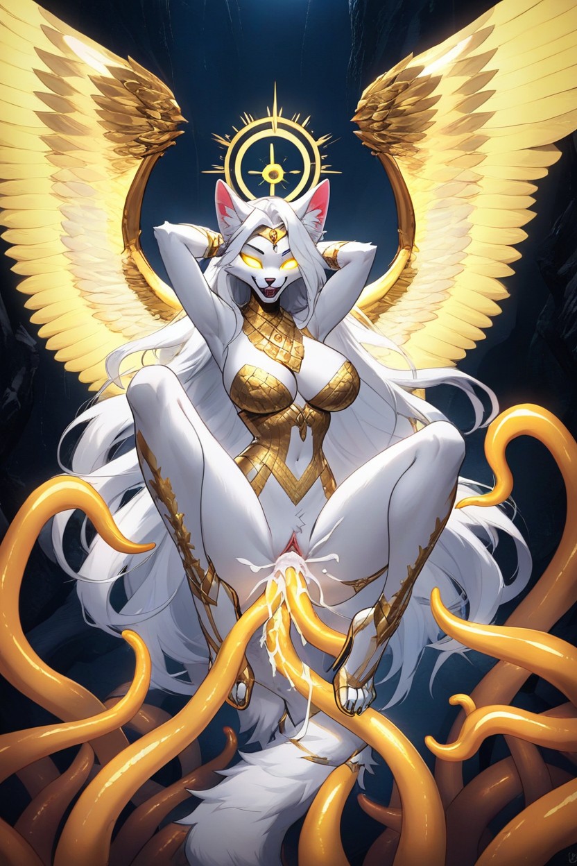 Flowing White Iridescent Translucent Sparkling Dress With Golden Glowing Details, Brilliant, Gold Details Furry AI Porn